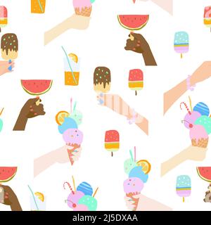 Motif sans couture avec mains tenant la crème glacée sur fond blanc Illustration de Vecteur