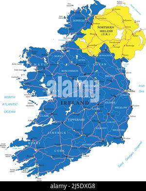 Carte vectorielle très détaillée de l'Irlande avec régions administratives, principales villes et routes. Illustration de Vecteur