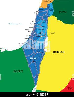 Carte vectorielle très détaillée d'Israël avec les principales villes, routes et pays voisins. Illustration de Vecteur