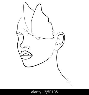 Papillon et visage. Ligne continue, dessin de visage, concept de mode, beauté minimaliste d'une femme. Un portrait moderne. Illustration de Vecteur