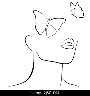 Asbtractus face avec un papillon. Imprimé tendance. Une beauté féminine minimaliste. Ligne continue, dessin de visages et coiffures établis, tendance Illustration de Vecteur