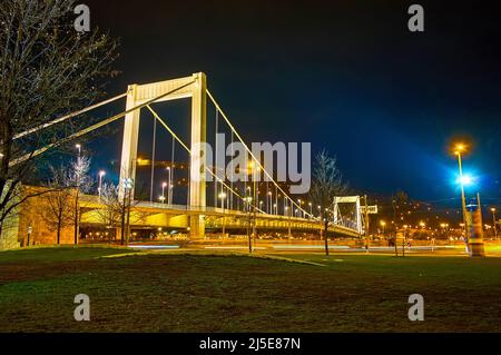 Le pittoresque pont blanc Elisabeth traversant le Danube contre le ciel sombre de la soirée et la colline Gellert, Budapest, Hongrie Banque D'Images