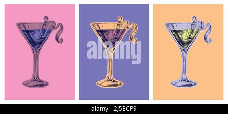 Set coloré dessin main dessin Cosmopolitan cocktail Drinks illustration vectorielle. Style pop Art Illustration de Vecteur
