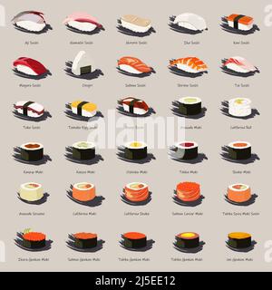 Illustration vectorielle. Ensembles de types de sushis. Illustration de Vecteur