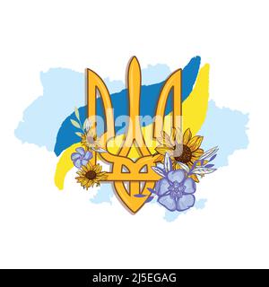 Emblème ukrainien Trident décoré de fleurs périwinkle et de tournesol. Illustration de Vecteur