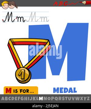 Illustration de dessin animé pédagogique de la lettre M de l'alphabet avec objet de médaille Illustration de Vecteur