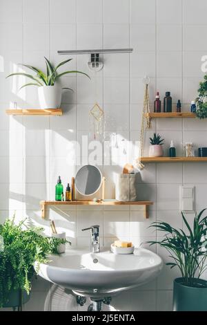 Mur de carrelage blanc écologique dans la salle de bains moderne avec des étagères en matériaux naturels, des fleurs, des plantes, des pots suspendus. Flacons en verre réutilisables. Attrape-soleil sur le mur. Zéro gaspillage et bien-être Banque D'Images