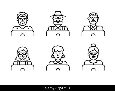 Personnes âgées utilisant un ordinateur portable. Travailler, discuter, apprendre. Ensemble d'icônes de contour pixel Perfect et modifiables Illustration de Vecteur