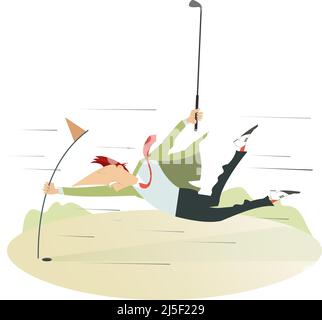 Mauvais temps et homme sur l'illustration du terrain de golf. Un homme ravageur et effrayé avec un club de golf prend le drapeau du golf Illustration de Vecteur