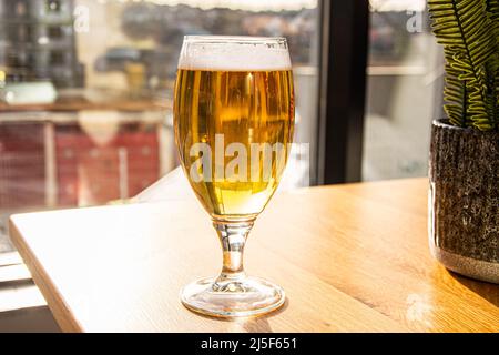 Verre de bière sur une table ensoleillée. Une délicieuse bière en verre. Banque D'Images