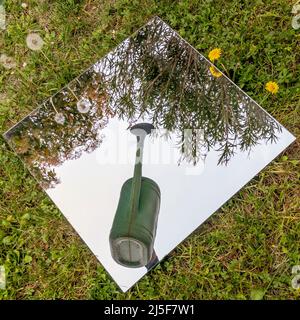Un arrosoir se reflète dans un miroir reposant sur l'herbe d'une pelouse Banque D'Images