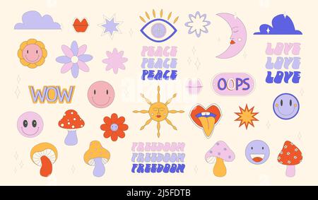 Vintage Illustration Pop style couleur plat Design 90s autocollant. Autocollants rétro tendance avec visages souriants, bandes dessinées Illustration de Vecteur