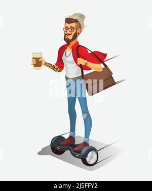 Illustration vectorielle d'un hipster frais à monter sur un planque et à boire du café Illustration de Vecteur