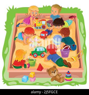 Illustration vectorielle de nombreux jeunes garçons et filles assis dans le bac à sable, jouent leurs jouets Illustration de Vecteur