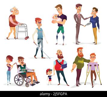 Ensemble d'illustrations vectorielles de personnes handicapées entre autres. Hommes avec des possibilités limitées dans un fauteuil roulant, sur des béquilles, avec prostème Illustration de Vecteur