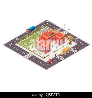 Illustration isométrique vectorielle d'un bâtiment scolaire avec cour avant et arrière, terrain de football et de basket-ball, route avec voitures Illustration de Vecteur