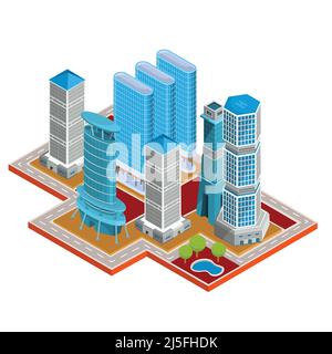 Vecteur isométrique 3D illustrations icônes de bâtiments. Le concept de quartier urbain moderne avec des gratte-ciels, des bureaux, des bâtiments résidentiels Illustration de Vecteur