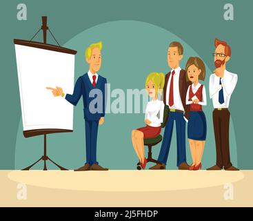 Dessin animé vectoriel illustration d'un homme d'affaires intelligent dans le bureau une présentation, debout sur l'affiche blanche et faire un rapport. Homme d'affaires offrant Illustration de Vecteur