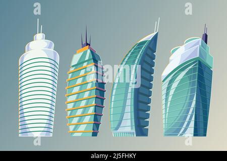 Ensemble vectorisé illustration d'un abstrait urbain de grands bâtiments modernes. Collection de dessins animés ville d'affaires gratte-ciel, immeubles d'appartements modernes. Illustration de Vecteur