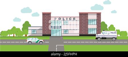 Concept de police. Arrière-plan panoramique avec bâtiment du département de police et des voitures de style plat. Illustration de Vecteur