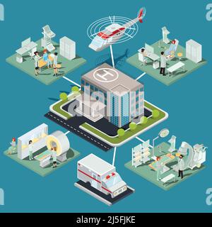 Illustrations vectorielles isométriques d'un bâtiment de clinique médicale avec un coussin d'hélicoptère, l'intérieur de la salle d'IRM, salle d'échographie, bureau gynécologique, opérat Illustration de Vecteur