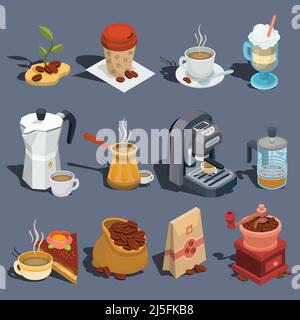 Ensemble d'illustrations vectorielles isométriques, d'icônes de café, d'autocollants, de tirages et d'éléments de conception Illustration de Vecteur