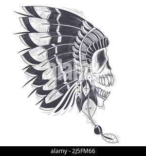 Illustration vectorielle d'un modèle pour un tatouage avec un crâne humain dans un chapeau de plumes indien. Élément design, imprimé pour tee-shirts Illustration de Vecteur