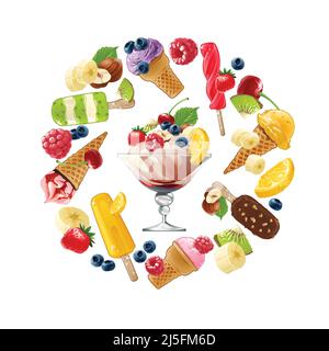 Ensemble d'icônes vectorielles de crème glacée avec différents fruits, baies et noix disposés dans un cadre circulaire Illustration de Vecteur