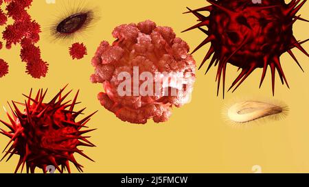 Covid-19. Coronavirus SRAS COV 2. Cellules virales isolées . 3D rendu de l'illustration. Banque D'Images