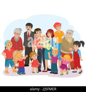 Illustration vectorielle d'une grande famille heureuse de treize personnes - grand-père, grand-mère, grand-père, grand-mère, grand-mère, père, maman, filles et Illustration de Vecteur