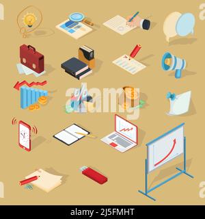 Ensemble d'illustrations vectorielles isométriques, d'icônes d'entreprise. Éléments de conception pour le site Web, articles d'affaires, autocollants Illustration de Vecteur