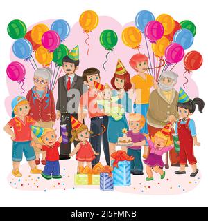 Illustration vectorielle d'une grande famille heureuse - grand-père, grand-mère, père, mère, filles et fils, cousins - ensemble fêtez un anniversaire avec des cadeaux Illustration de Vecteur