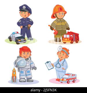 Ensemble d'icônes vectorielles de la police des petits enfants, pompier, astronaute, médecin avec leurs véhicules Illustration de Vecteur