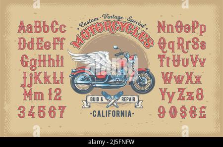 Illustration vectorielle d'une police vintage rouge, l'alphabet latin avec moto rétro personnalisée. Modèle, élément de conception Illustration de Vecteur