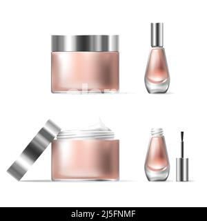 Illustration vectorielle d'un style réaliste de récipients cosmétiques en verre transparent avec couvercle argenté ouvert. Bol pour lotion, crème pour les mains et dissolvant les cuticules Illustration de Vecteur