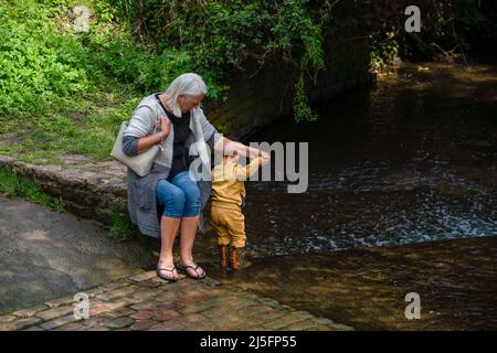 la grand-mère est assise et tient la main de son petit-fils pendant qu'il se pagaie dans un ruisseau peu profond, au soleil et à l'ombre Banque D'Images