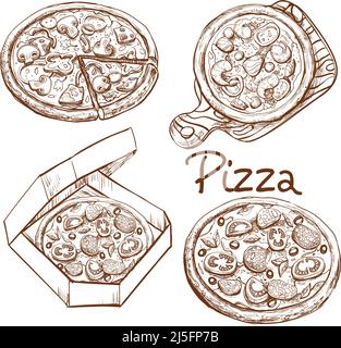 Jeu d'illustrations vectorielles en style gravure, pizza entière et tranche, pizza sur panneau de bois, pizza dans boîte pour livraison. Tirages, modèles, design ele Illustration de Vecteur