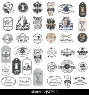 Grand ensemble de badges vectoriels vintage tailleur, autocollants, emblèmes, signalisation avec aiguilles à coudre, épingles, cartouches, boutons, bobines de fil, cousu sur les étiquettes Illustration de Vecteur