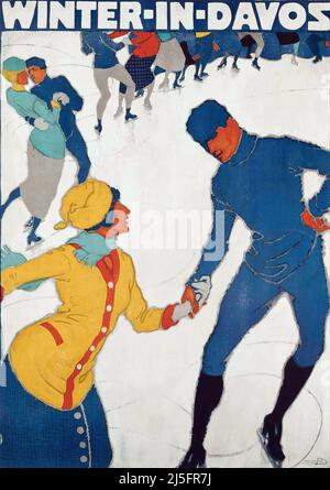 Affiche de voyage vintage 1920s pour Davos en Suisse - patineurs de glace Banque D'Images