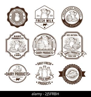 Ensemble d'illustrations vectorielles, de badges, d'autocollants, d'étiquettes, de timbres pour le lait et les produits laitiers destinés aux magasins d'emballage, de publicité et d'épicerie Illustration de Vecteur