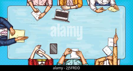Scénario pop art illustration d'un homme et d'une femme assis à une table de négociation vue de dessus, concept de brainstorming Illustration de Vecteur