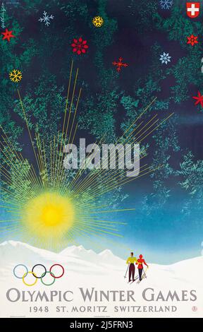 Vintage 1940s Jeux Olympiques de Suisse affiche - Jeux Olympiques d'hiver 1948 Saint-Moritz Banque D'Images