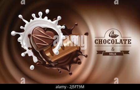 Illustration réaliste Vector 3D, éclaboussures de chocolat fondu et de lait avec morceau de chocolat et de bonbons. Design d'emballage pour chocolat Illustration de Vecteur
