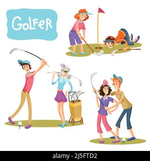 Ensemble d'illustrations vectorielles de jeux de golf. Un gars et une fille sur un terrain de jeu avec des bâtons pour un joueur de golf dans un style de dessin animé isolé sur le dos blanc Illustration de Vecteur