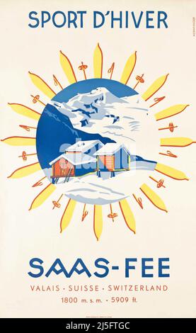 Affiche des sports d'hiver vintage 1950s - Saas-Fe Valais Suisse. Sport d'hiver Banque D'Images