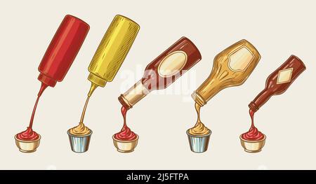 Illustration vectorielle d'un ensemble de styles de gravure de différentes sauces sont versées à partir de bouteilles dans des bols. Ketchup, mayonnaise, moutarde, sauce Chili et o Illustration de Vecteur