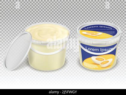 Illustration réaliste vectorielle de seaux en plastique transparent avec nourriture - mayonnaise, crème sure, yaourt, fromage cottage, sauce, crème glacée. Définir contenu Illustration de Vecteur