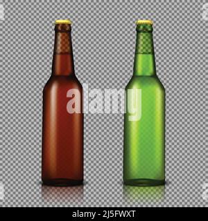 Vector Realistic Illustration jeu de bouteilles en verre transparent avec boissons, prêt pour le marquage, sans étiquettes. Bouteilles brunes et vertes pour bière, soda Illustration de Vecteur