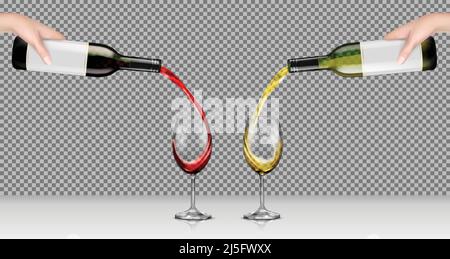 Ensemble de vecteurs illustrations réalistes des mains tenant des bouteilles de verre avec du vin blanc et rouge et le verser dans des verres transparents, isolés, avec refl Illustration de Vecteur