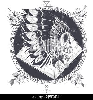 Illustration vectorielle d'un modèle rond pour un tatouage avec un crâne humain dans un chapeau de plumes indien et un motif abstrait. Élément design, imprimé pour T-shi Illustration de Vecteur